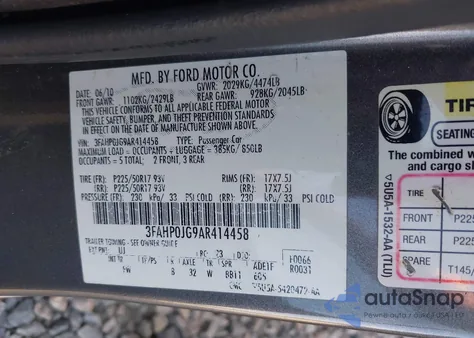 2010 Ford Fusion Sel из США, поврежденный, VIN 3FAHP0JG9AR414458